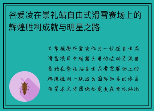 谷爱凌在崇礼站自由式滑雪赛场上的辉煌胜利成就与明星之路