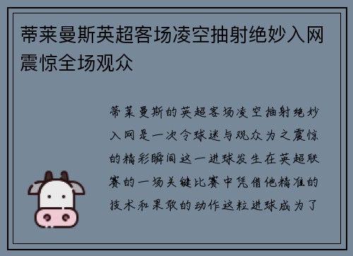 蒂莱曼斯英超客场凌空抽射绝妙入网震惊全场观众 蒂莱曼斯英超客场凌空抽射绝妙入网震惊全场观众