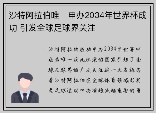 沙特阿拉伯唯一申办2034年世界杯成功 引发全球足球界关注 沙特阿拉伯唯一申办2034年世界杯成功 引发全球足球界关注