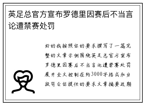 英足总官方宣布罗德里因赛后不当言论遭禁赛处罚