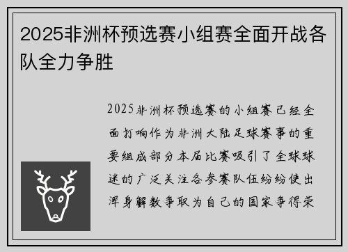 2025非洲杯预选赛小组赛全面开战各队全力争胜 2025非洲杯预选赛小组赛全面开战各队全力争胜